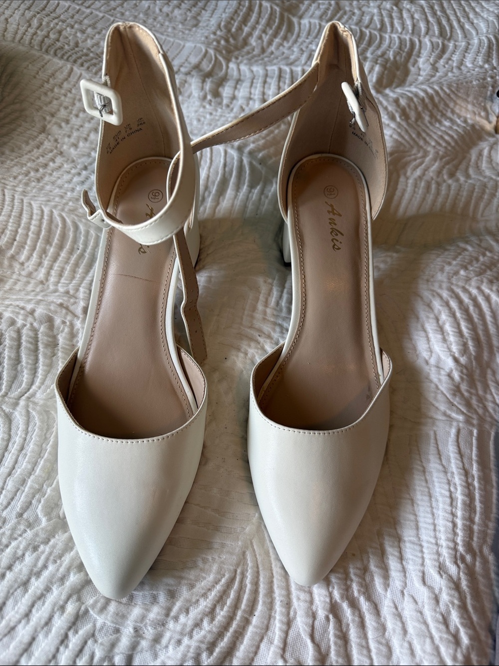 Akiko Ivory Ankle-Strap Pointed-Toe Pumps